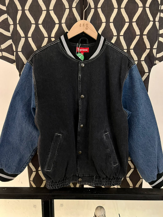 supreme denim varsity jacket in green and blue
