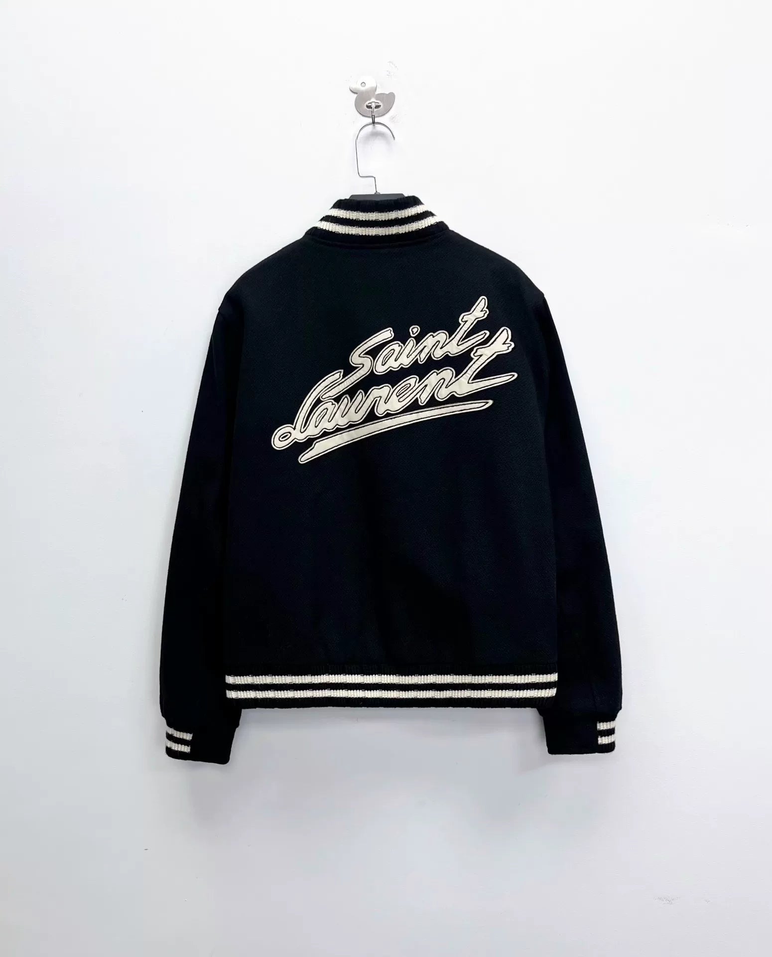 Saint Laurent Black Striped Wool Baseball Jacket