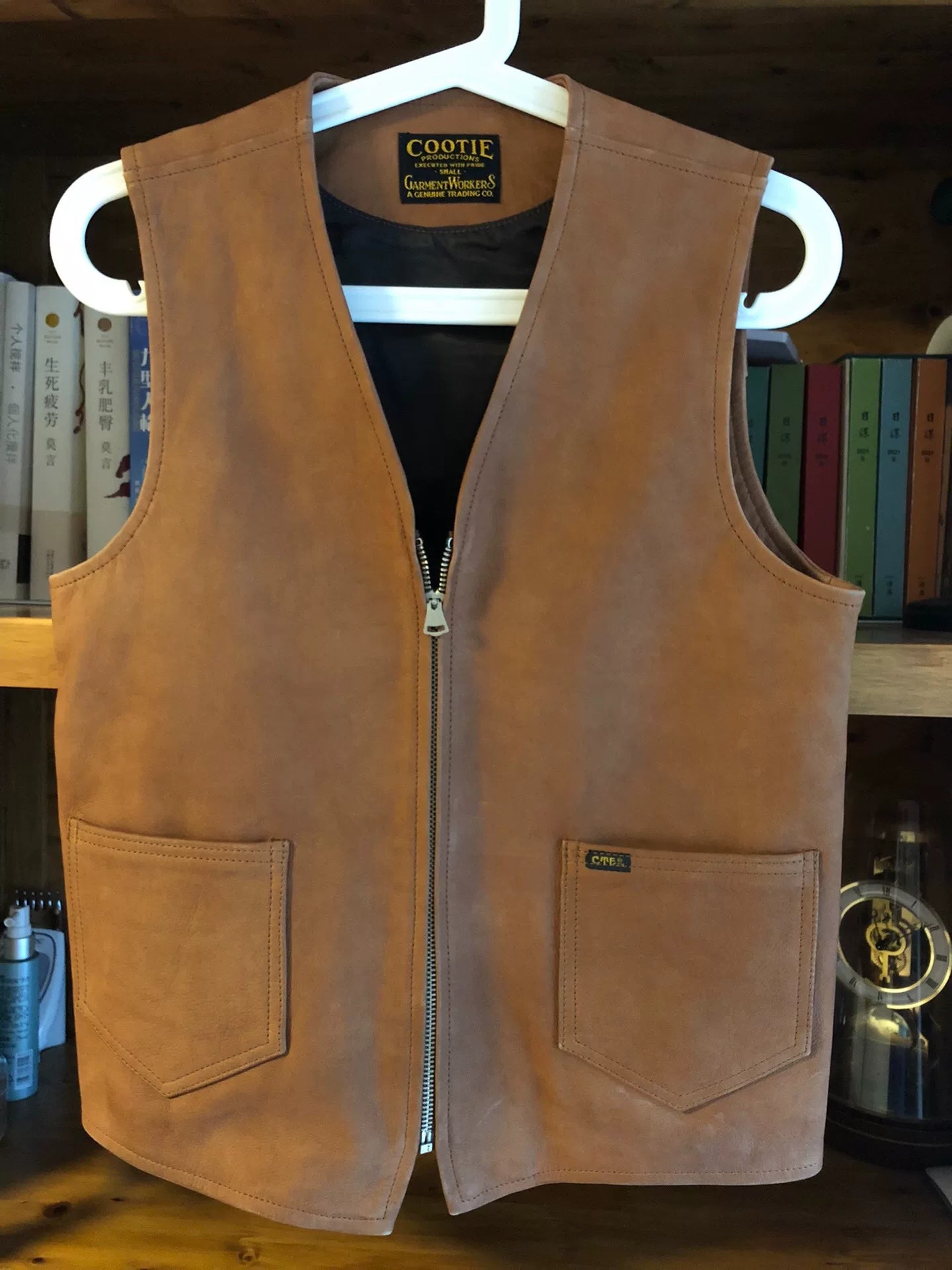 cootie leather utility vest in golden brown