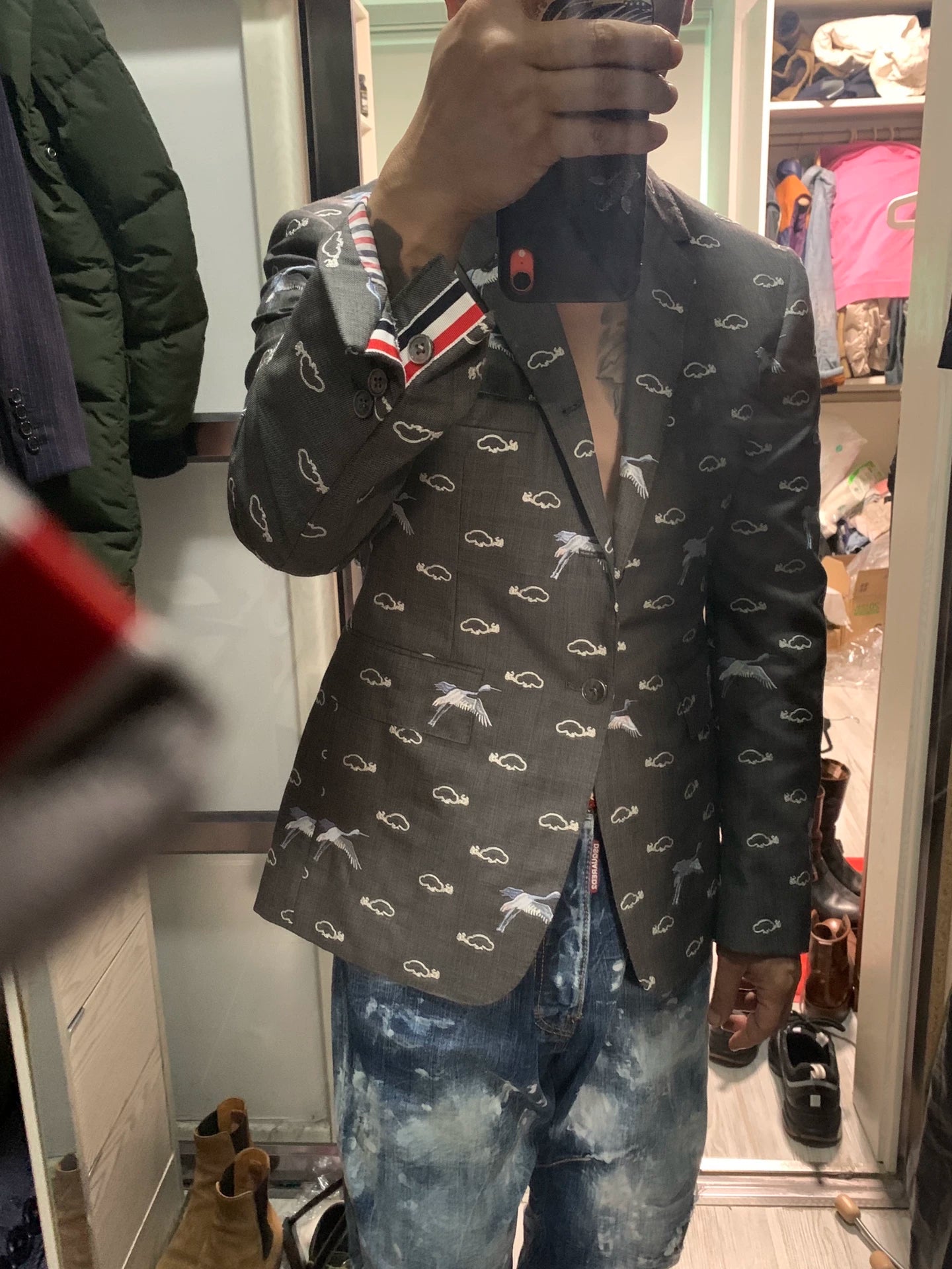 thom browne crane embroidered suit jacket
