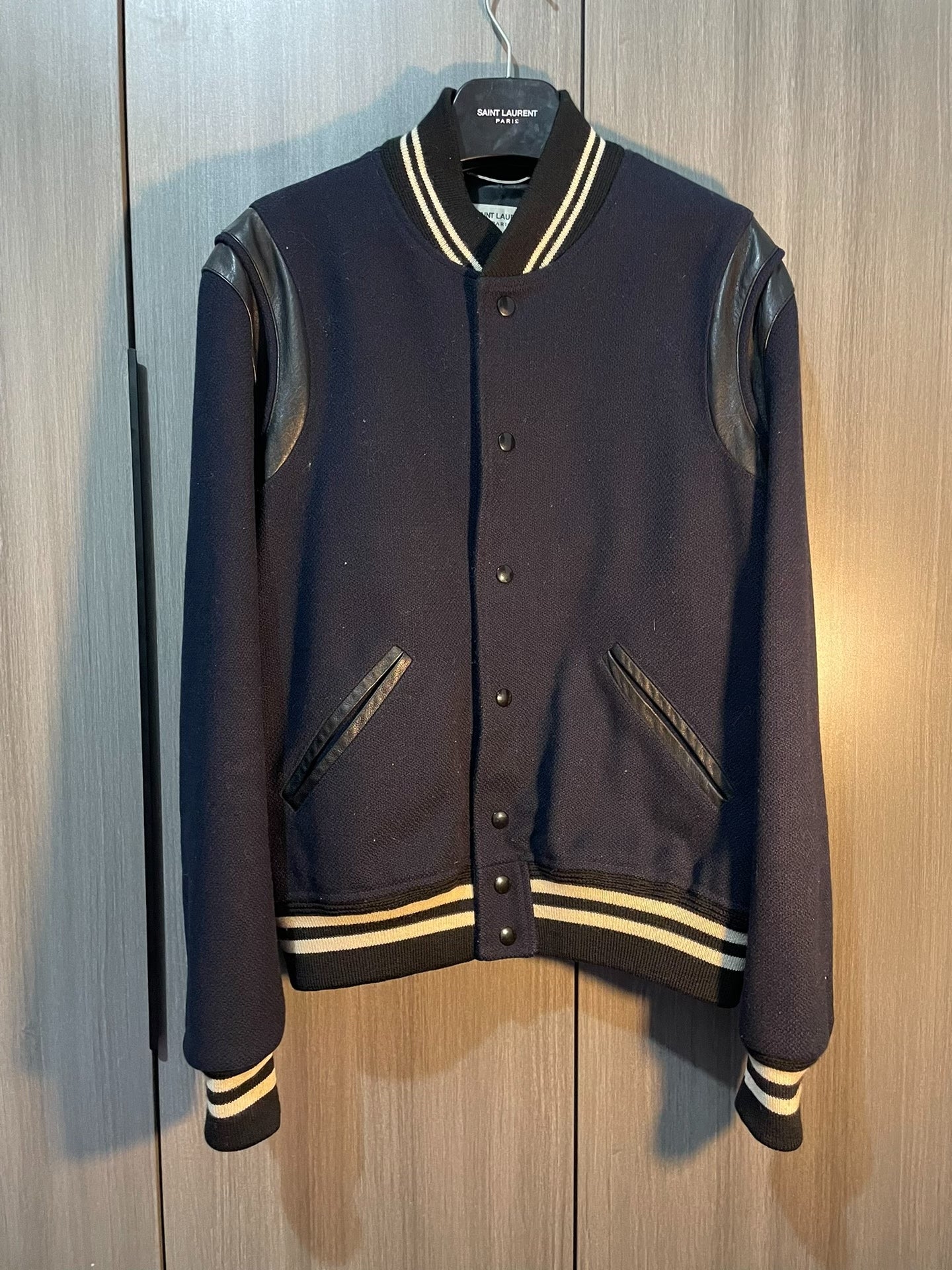 Saint Laurent Navy Leather Sleeves Varsity Jacket