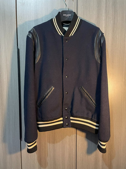 Saint Laurent Navy Leather Sleeves Varsity Jacket