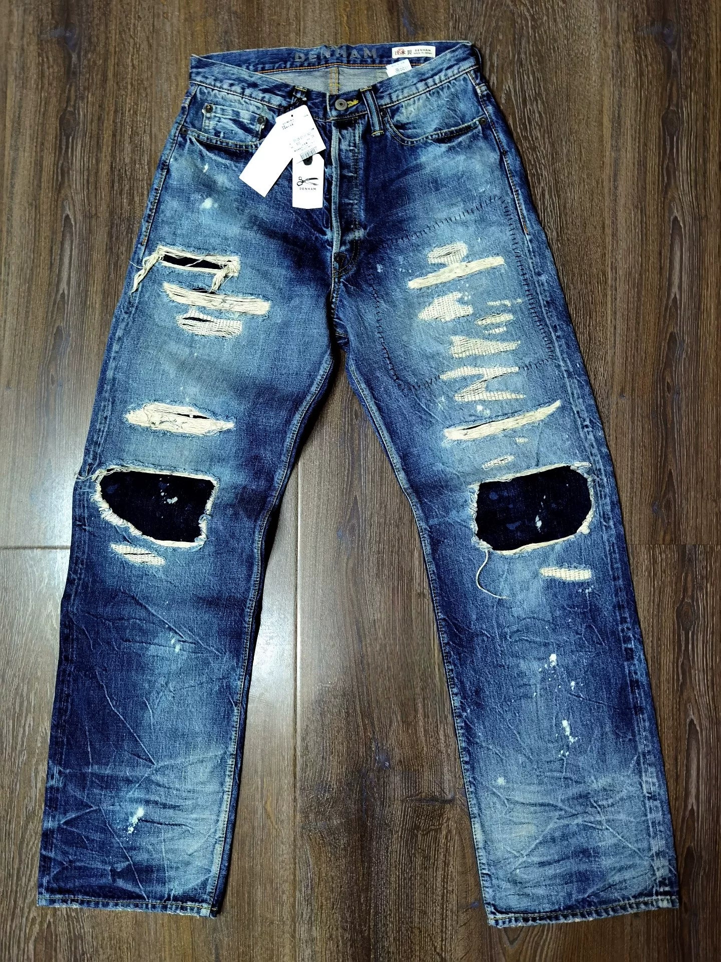 DENHAM Blue Distressed Paint Splatter Jeans