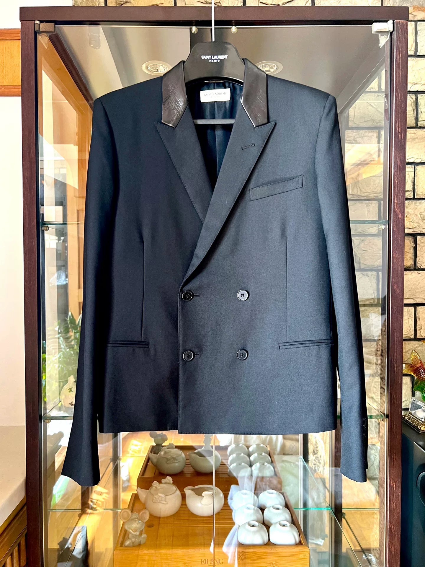 black leather lapel double-breasted blazer