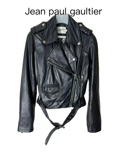 black leather leopard print motorcycle jacket