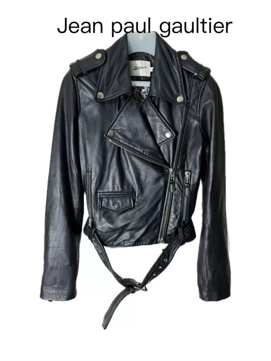 black leather leopard print motorcycle jacket