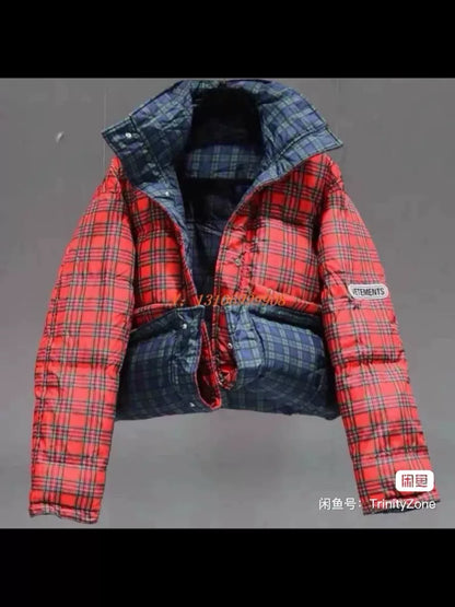 reversible plaid puffer jacket with hoods