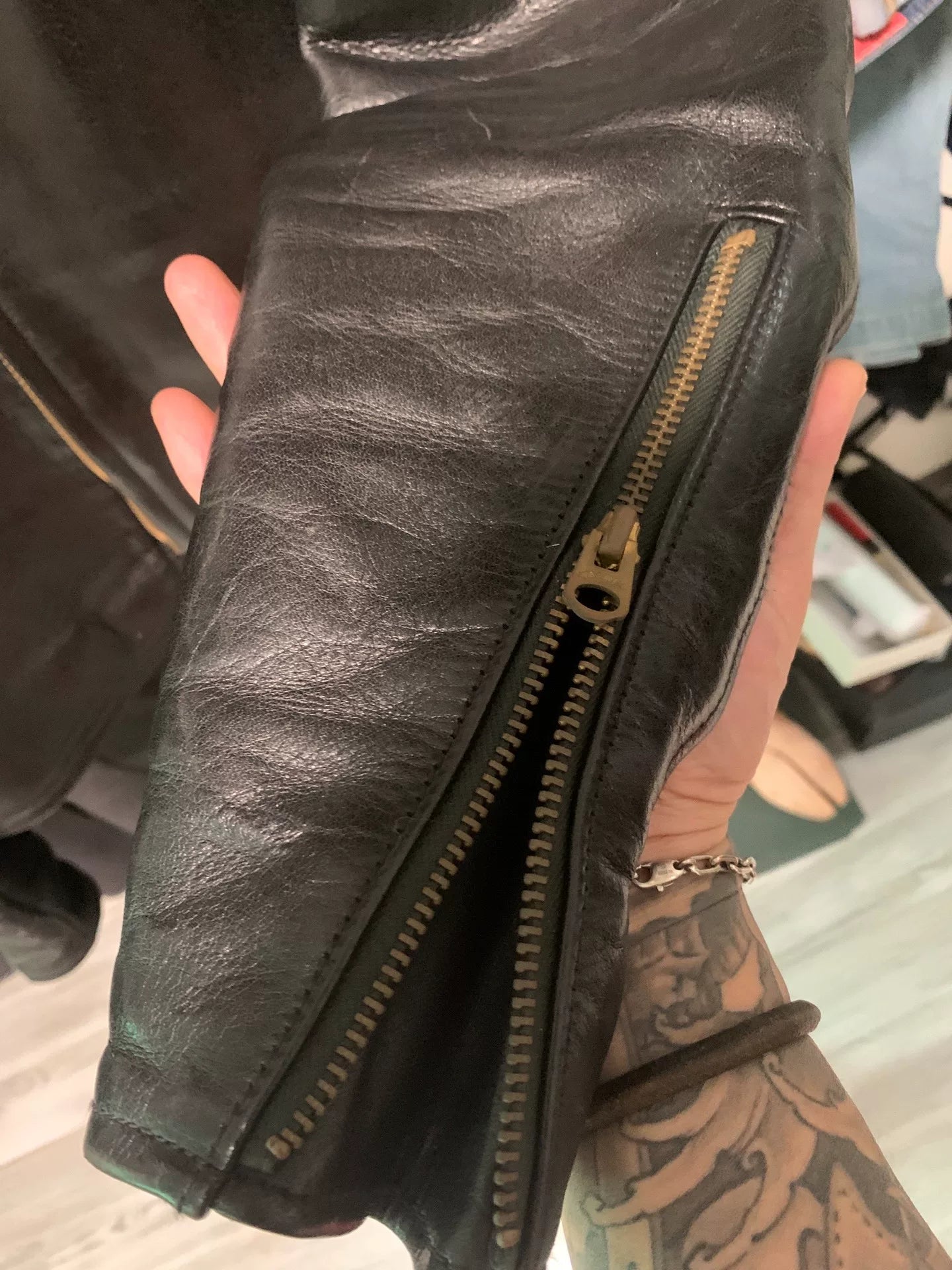 handcrafted leather biker jacket in size 38