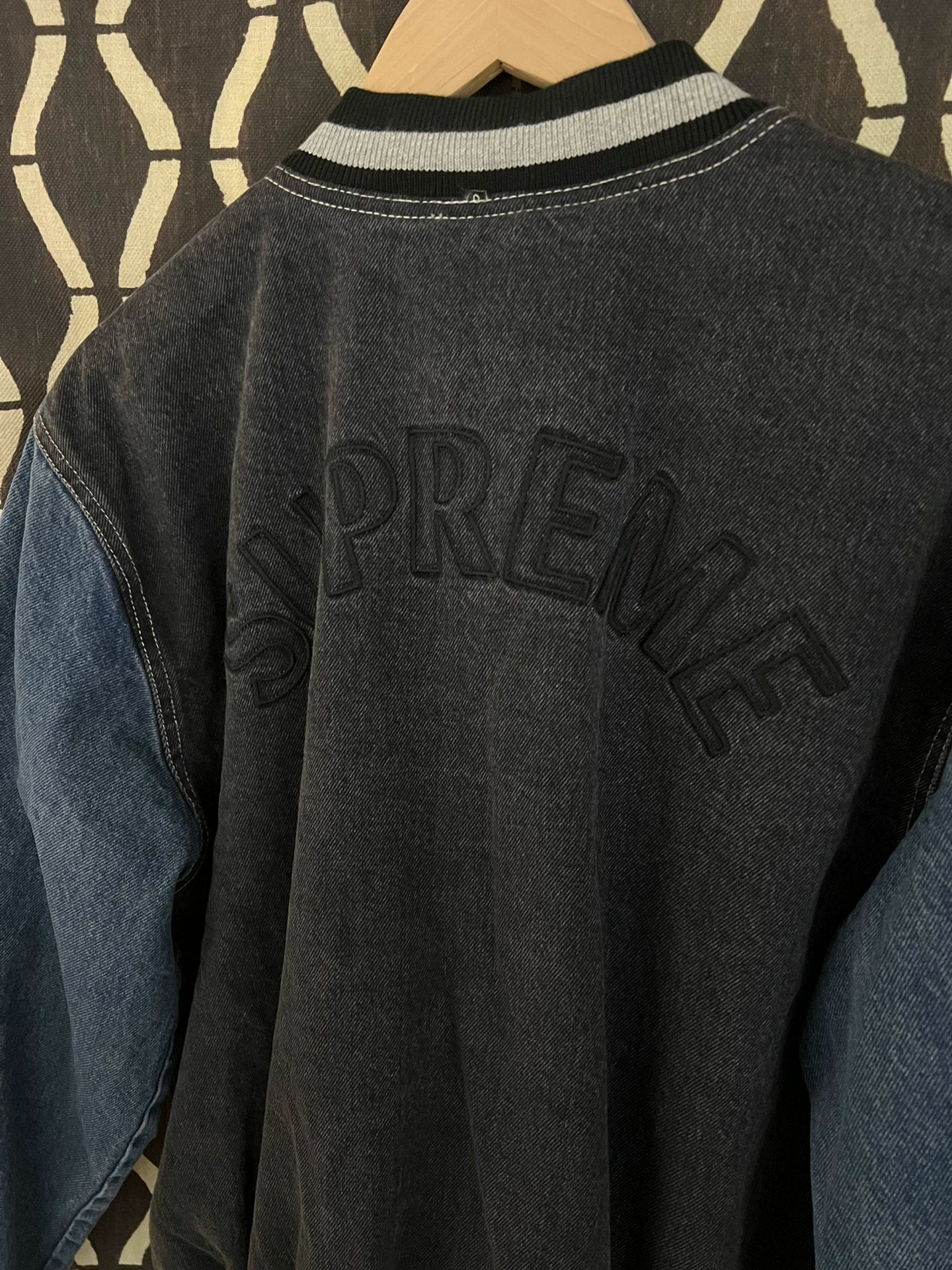 supreme denim varsity jacket in green and blue