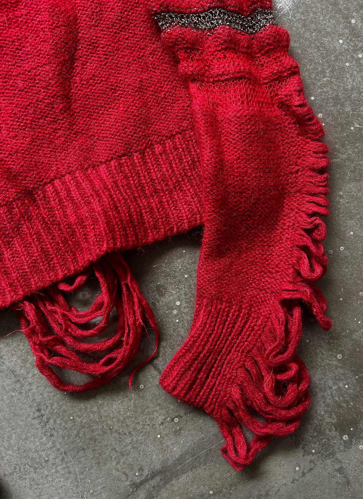 red knit distressed long sleeve sweater