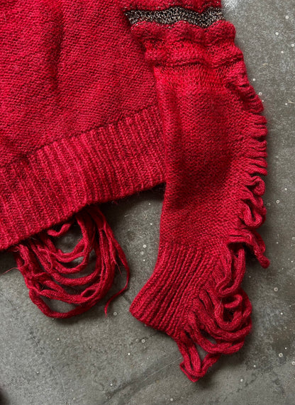 red knit distressed long sleeve sweater