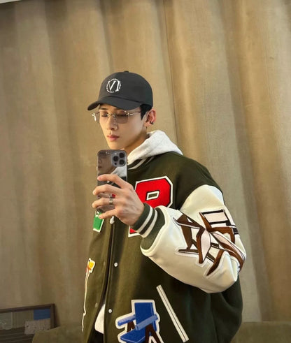 readymade baseball jacket with leather sleeves