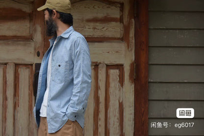 vintage Blue HBT Shirt with Asymmetric Pockets