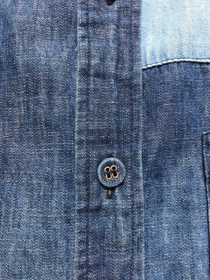 indigo patchwork button-up shirt made in japan