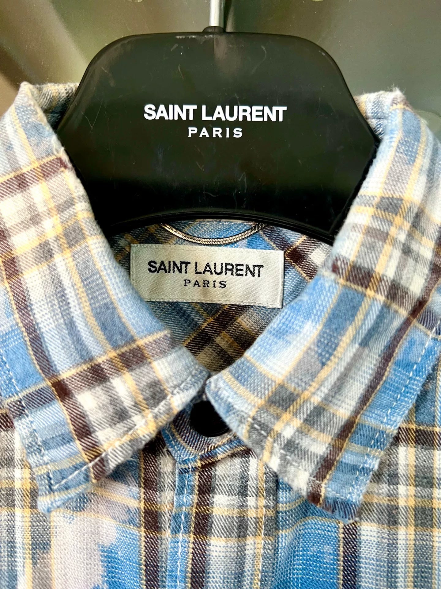 saint laurent blue distressed button-up shirt