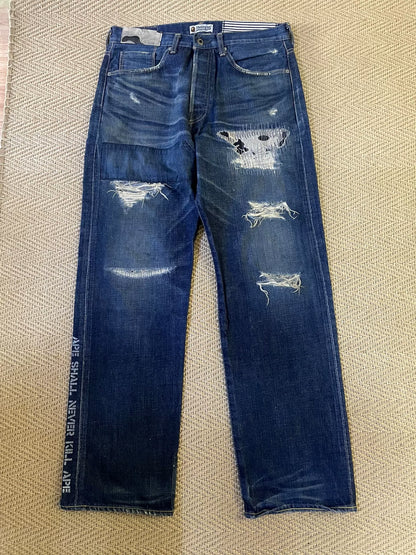 bape type2 damage denim pants with patches