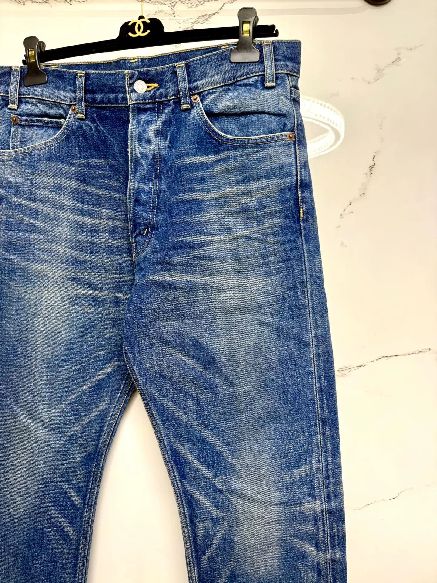 celine dark blue distressed denim pants