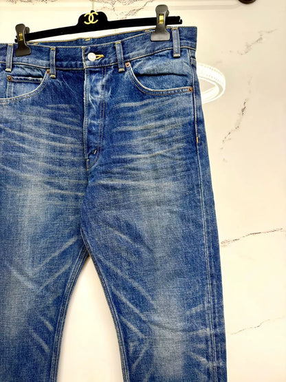 celine dark blue distressed denim pants