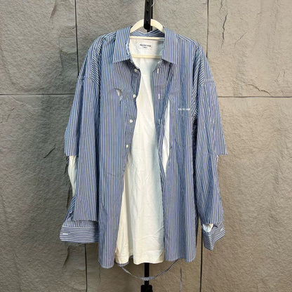 balenciaga blue striped shirt with white underlayer