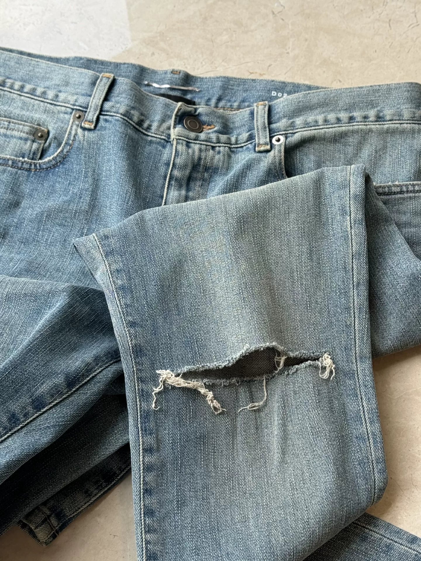 YSL Men's Washed Blue Ripped Jeans