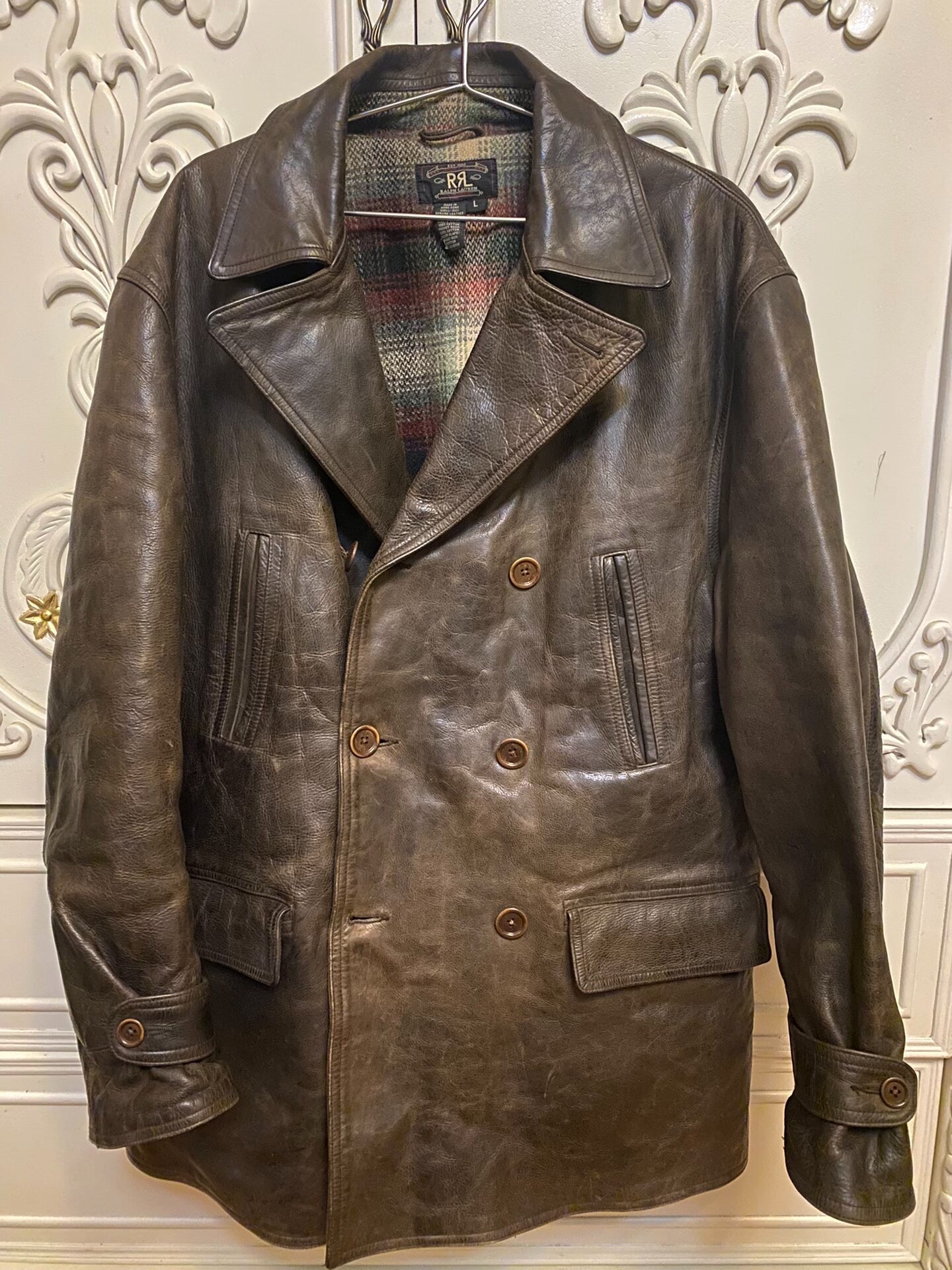 vintage rrl leather parka with plaid lining