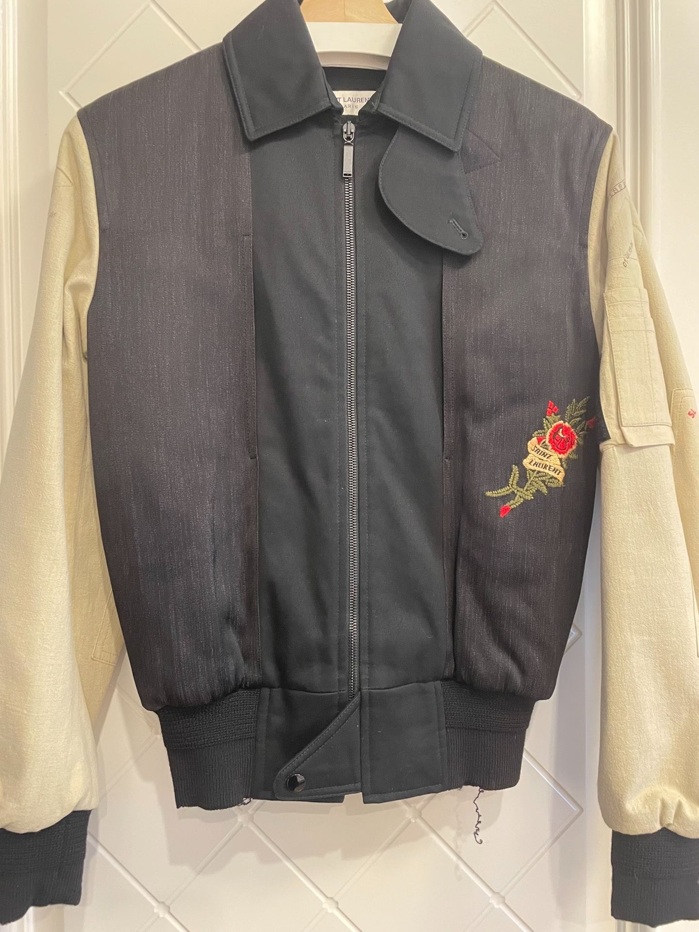 YSL Saint Laurent Rose Embroidery Pilot Jacket