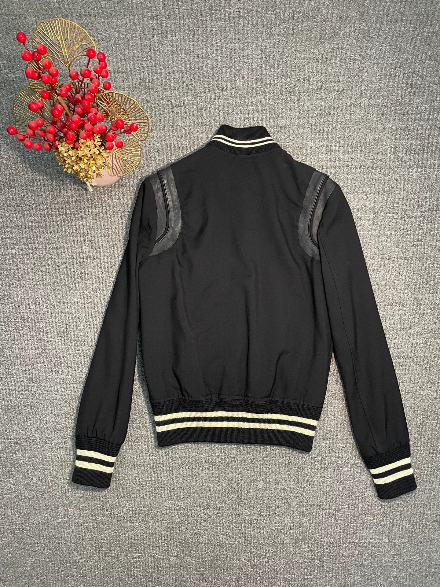 Saint Laurent Black Leather Accent Baseball Jacket