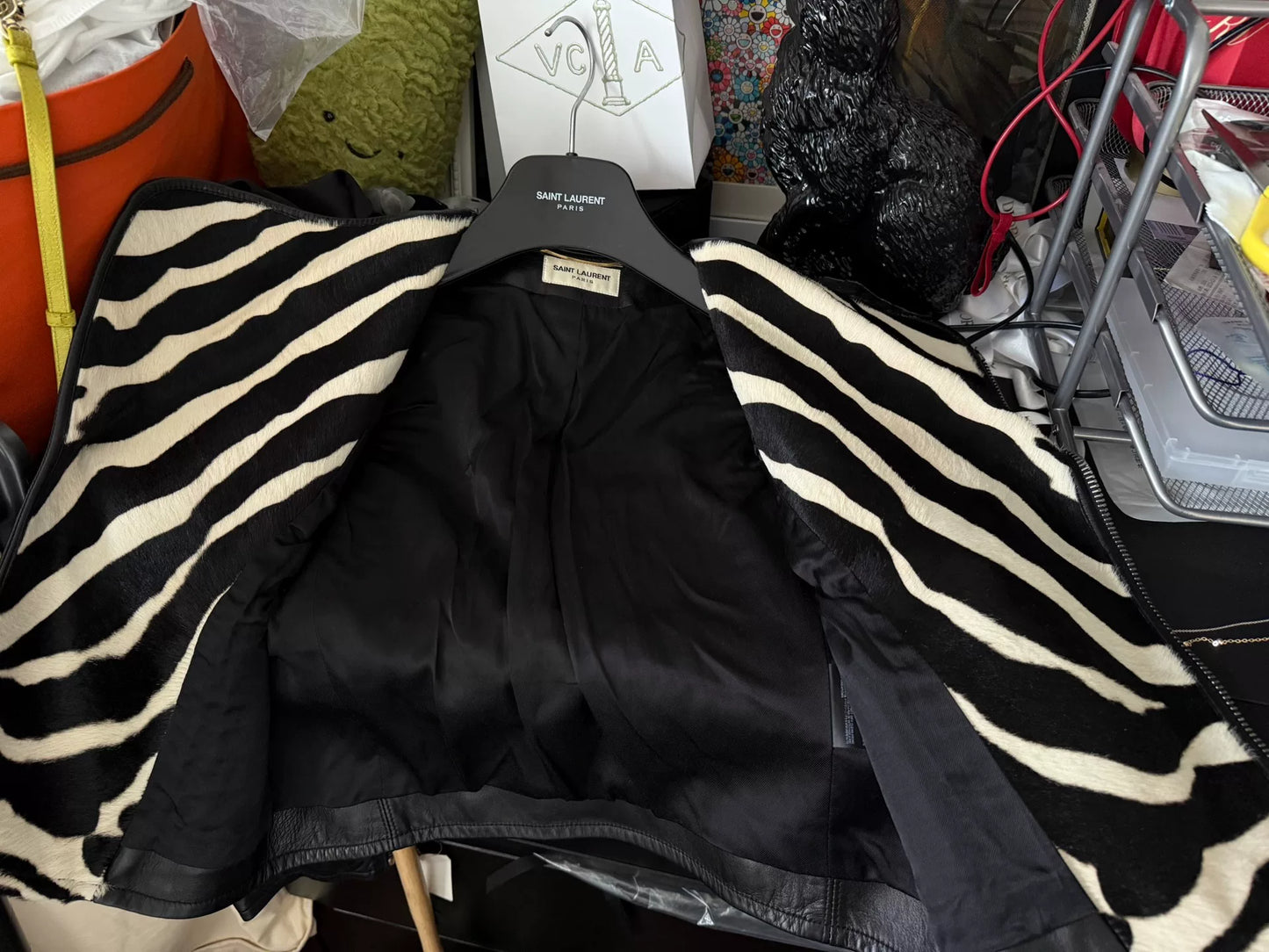 Saint Laurent Black Leather Jacket Zebra Collar