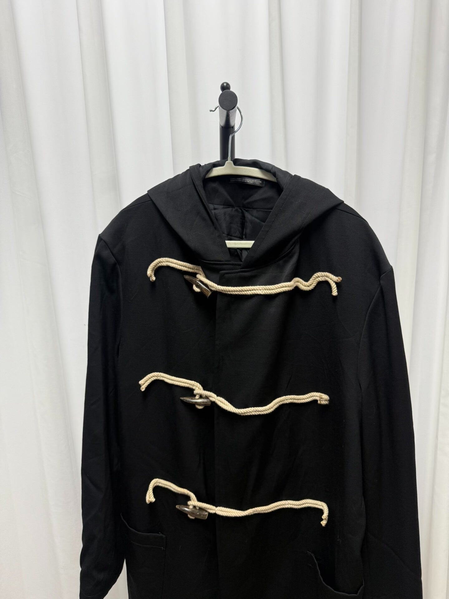 yohji yamamoto black duffle coat with horn buttons