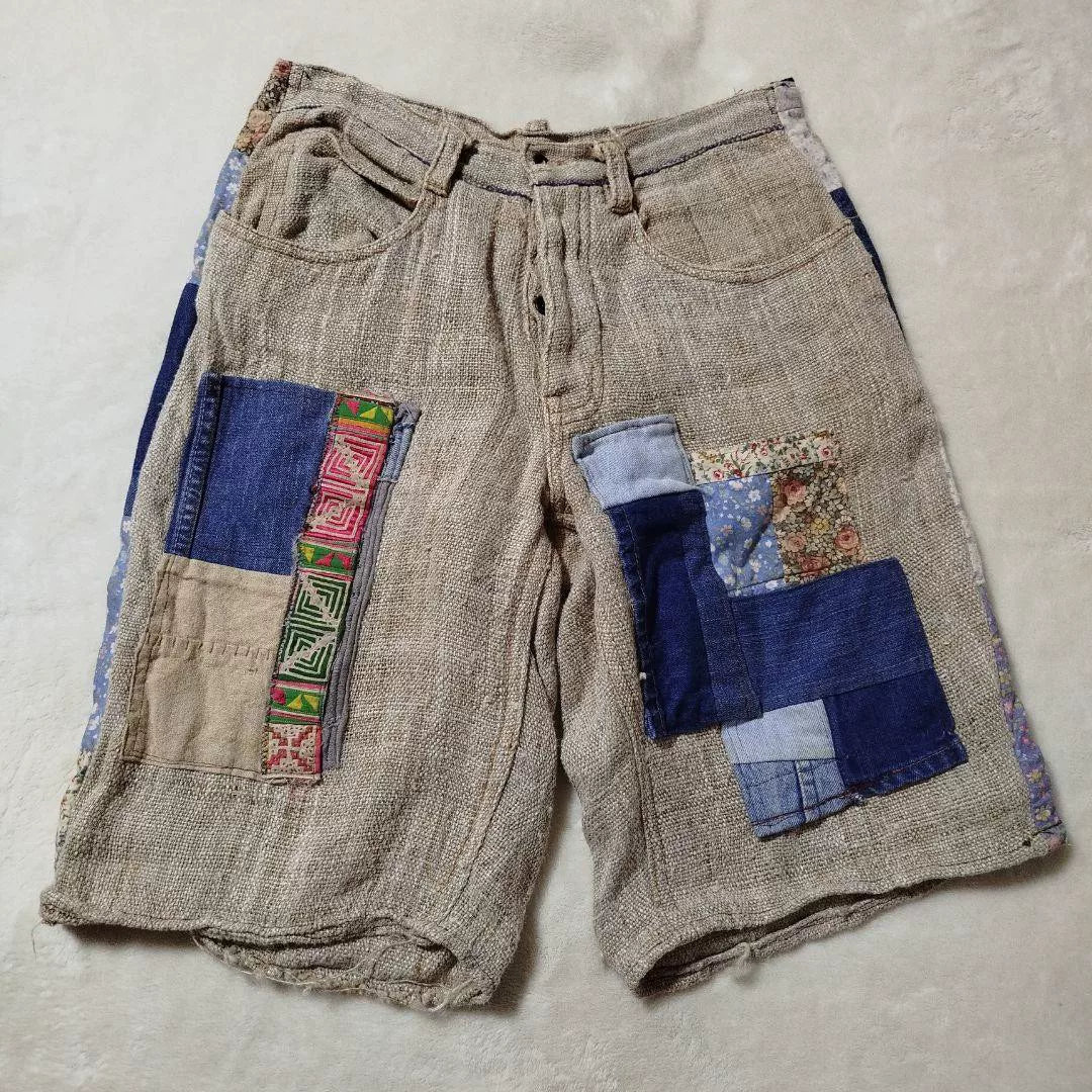 handmade patchwork cotton-linen shorts