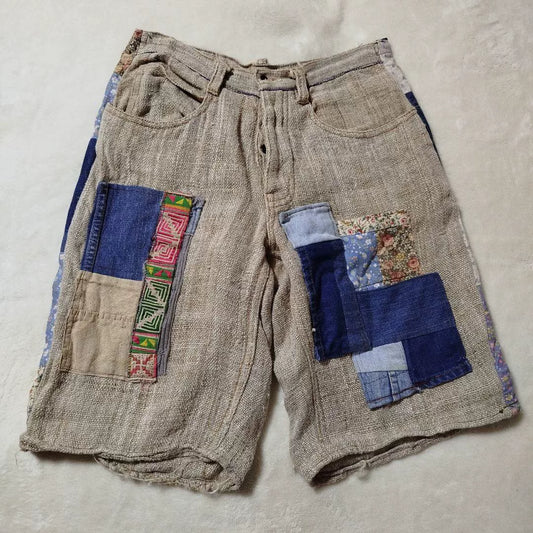 handmade patchwork cotton-linen shorts