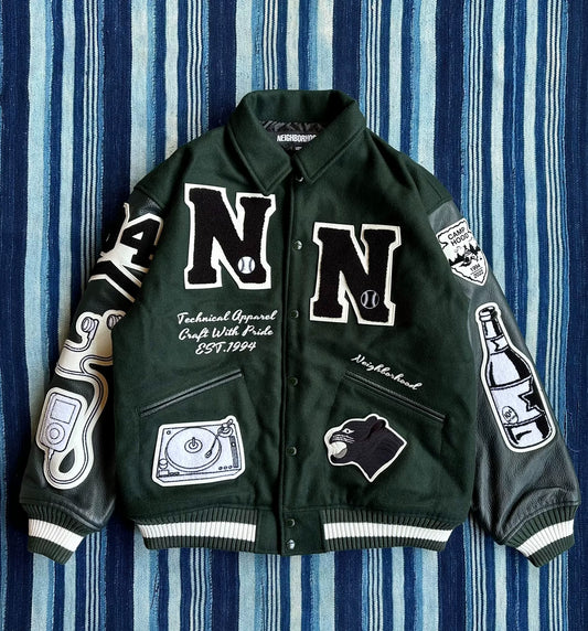 neighborhood stadium jacket with leather sleeves