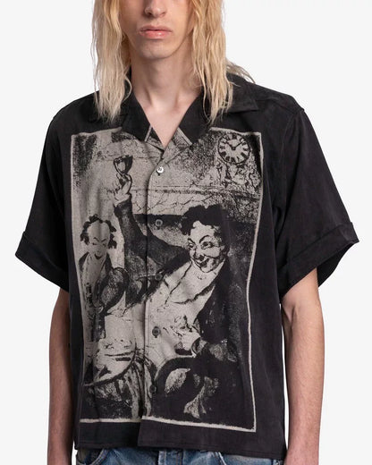 black and white graphic short sleeve shirt