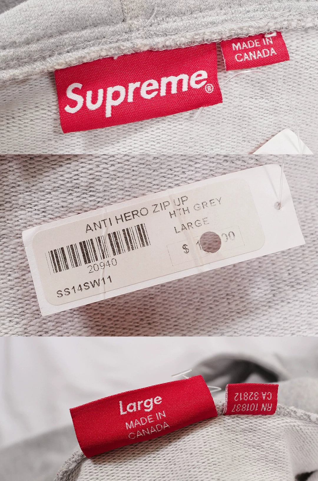 supreme anti hero zip-up hoodie gray
