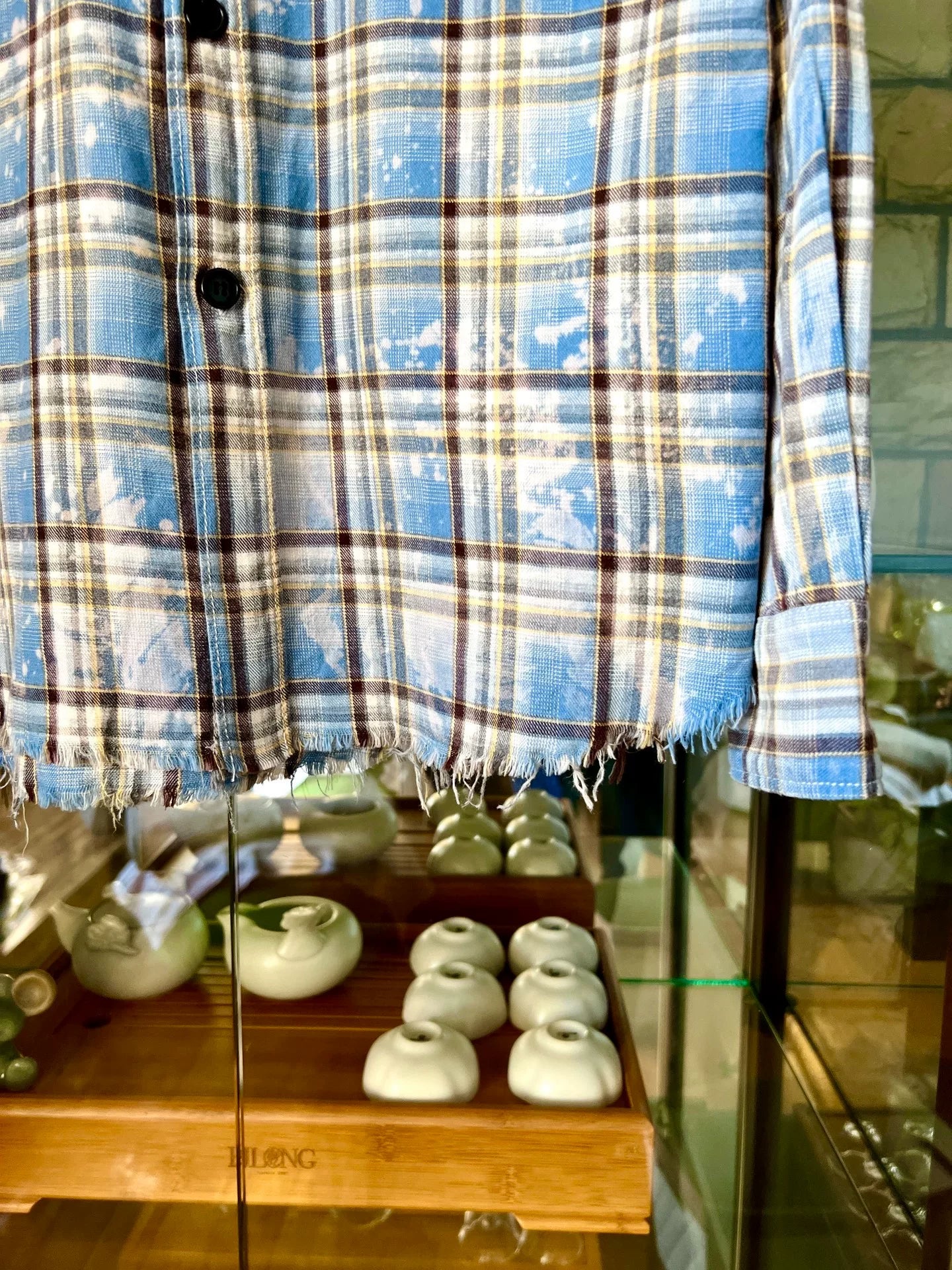 saint laurent blue distressed button-up shirt