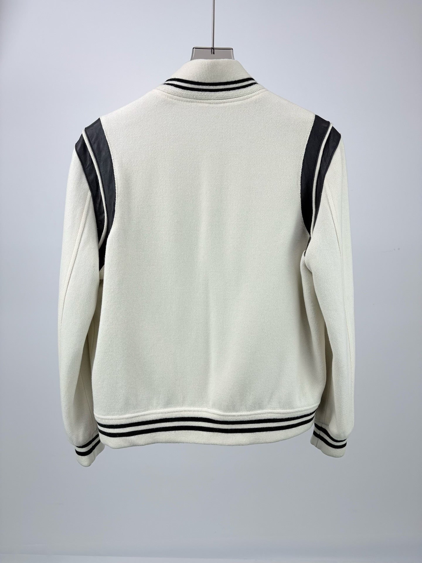 Saint Laurent White Leather Sleeves Baseball Jacket