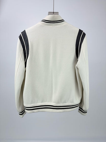 Saint Laurent White Leather Sleeves Baseball Jacket