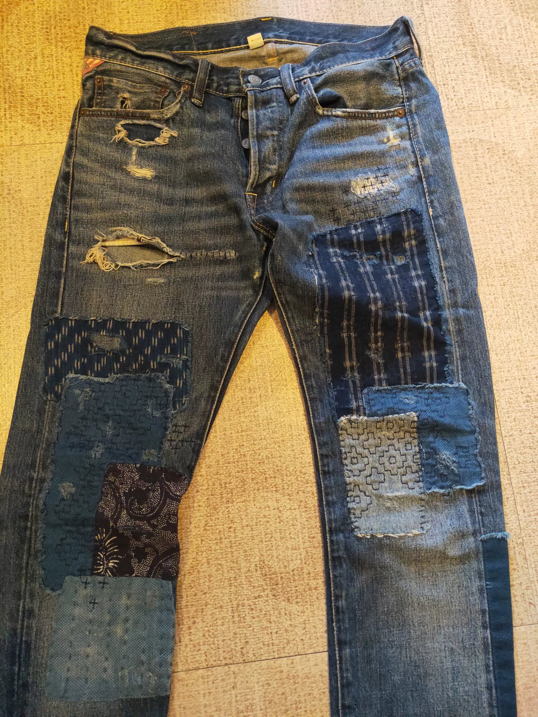 RRL Distressed Art Patch Jeans