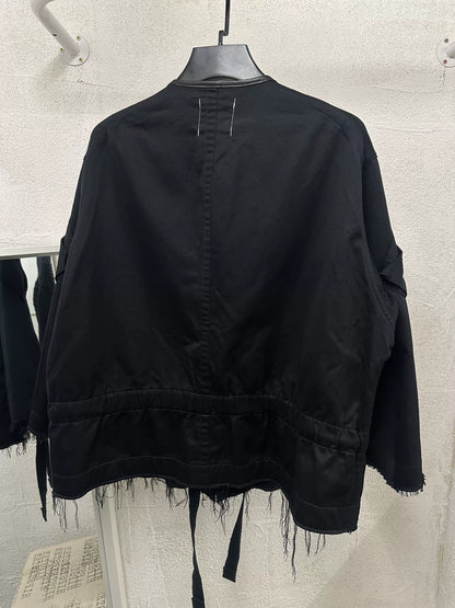 black oversized jacket with frayed hem