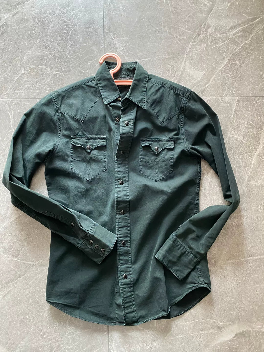 rrl western shirt in dark green shade