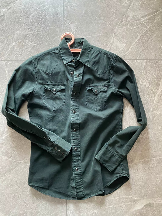 rrl western shirt in dark green shade