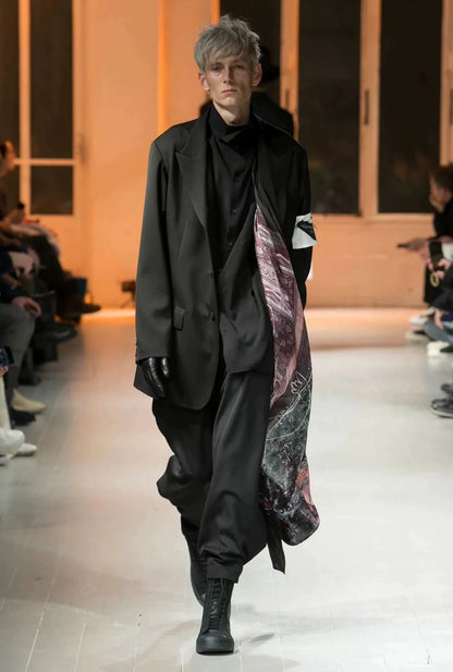 black wool suit jacket with white detail