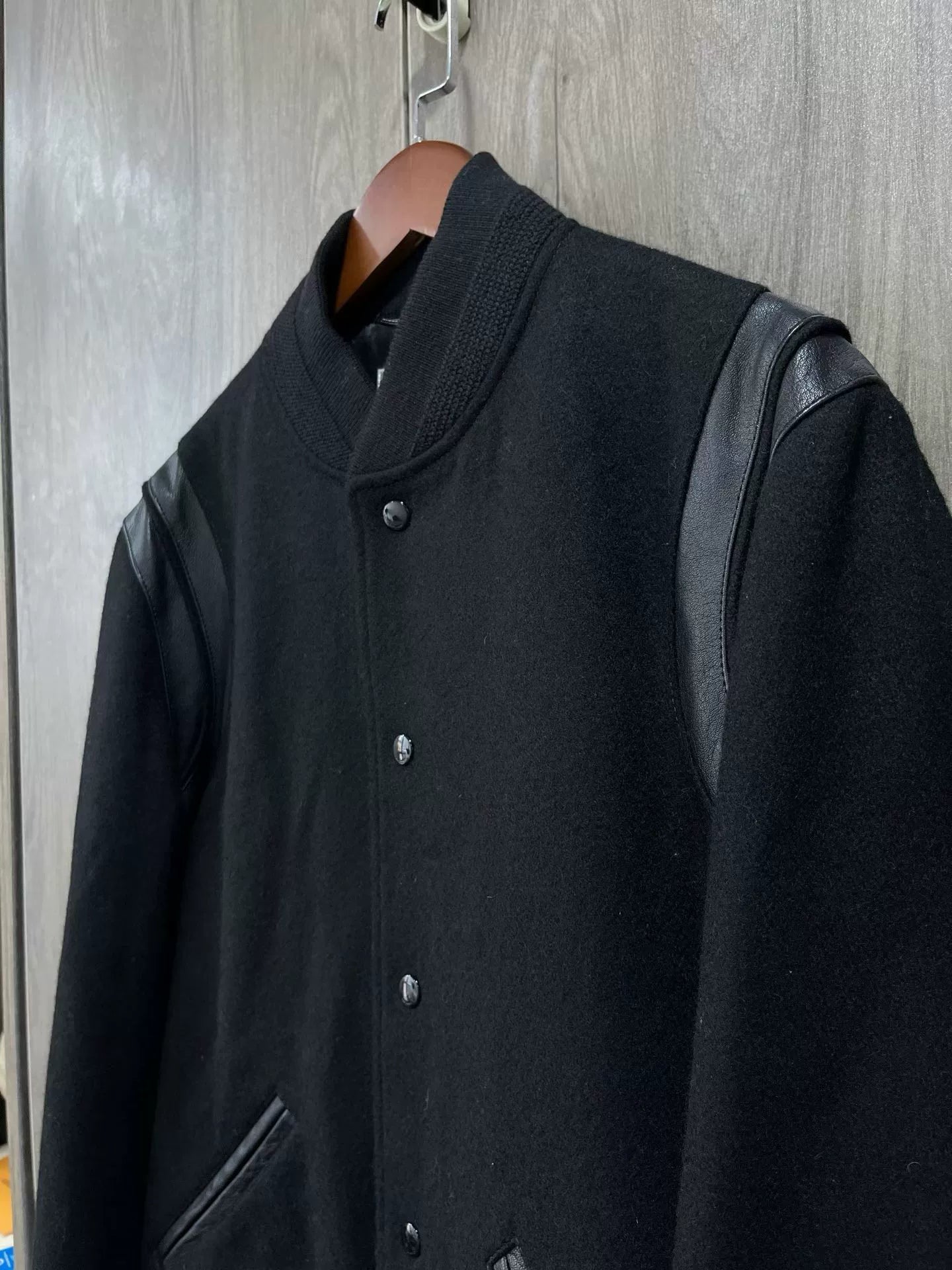Saint Laurent Black Leather Sleeves Baseball Jacket