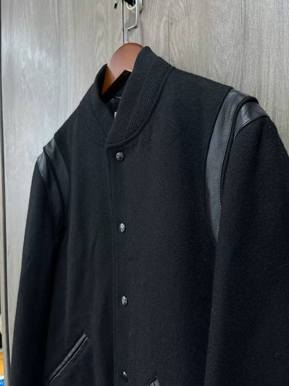 Saint Laurent Black Leather Sleeves Baseball Jacket