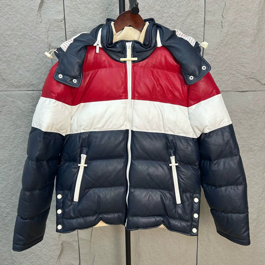 classic color block leather down jacket