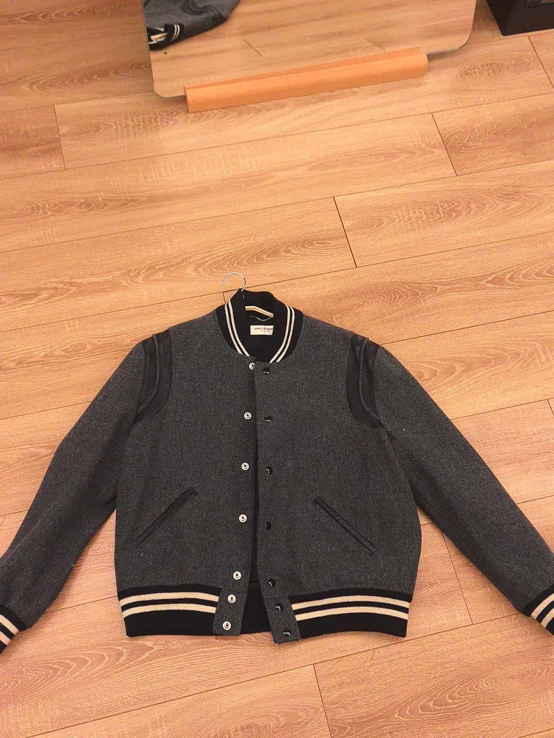 Saint Laurent Gray Wool Leather Sleeve Jacket