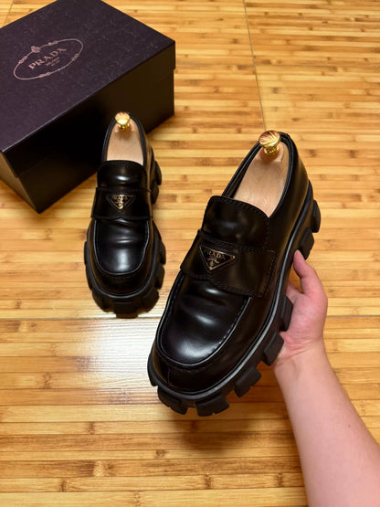 prada black leather platform shoes with logo