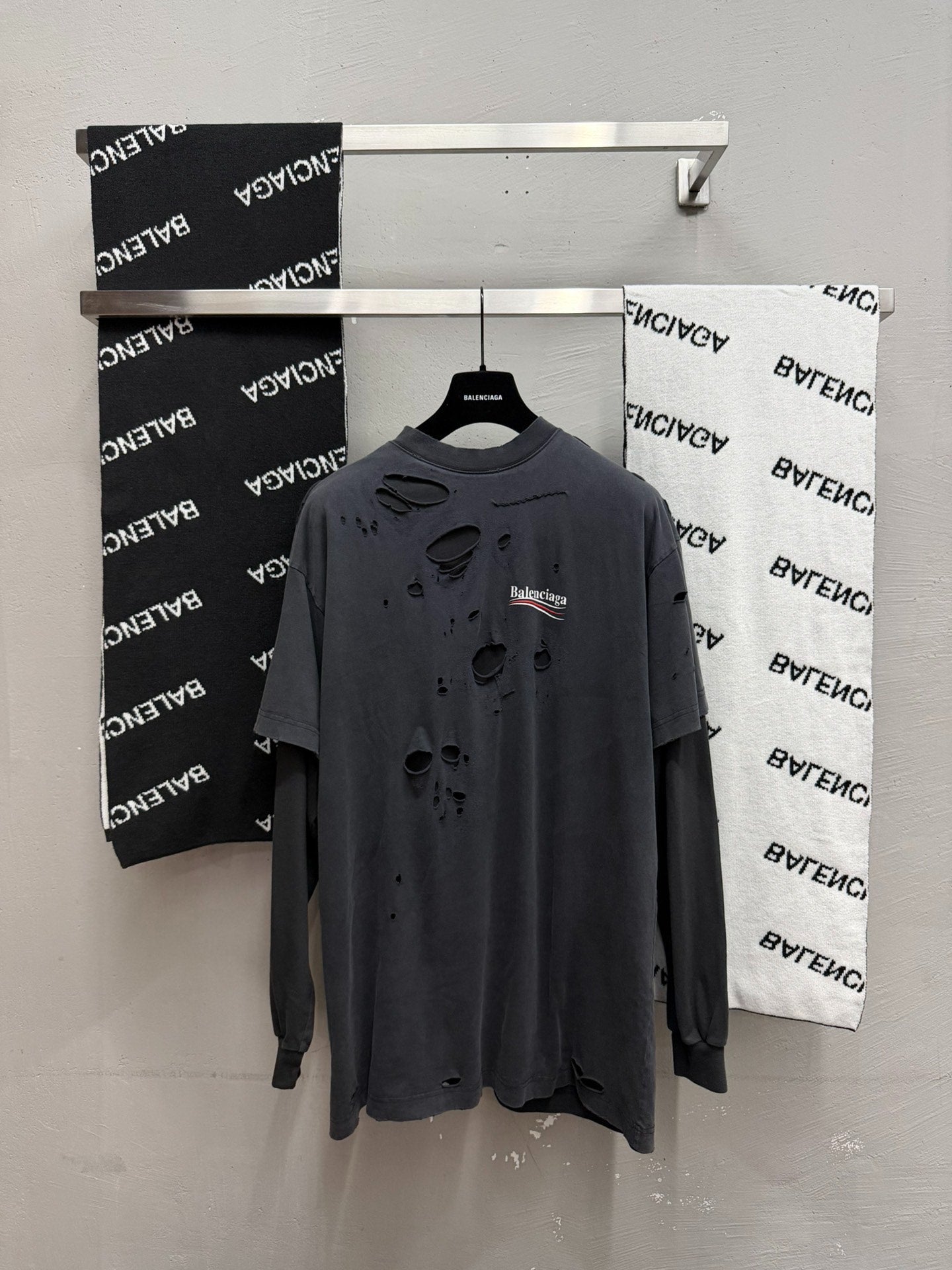 Balenciaga Distressed Logo Long-Sleeve T-Shirt