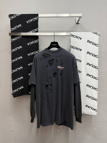 Balenciaga Distressed Logo Long-Sleeve T-Shirt