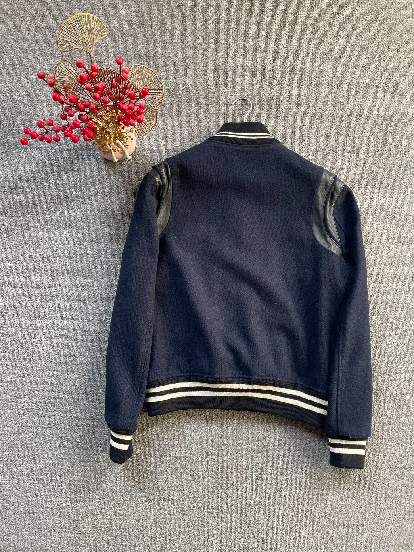 Saint Laurent Navy Wool Leather Sleeve Jacket